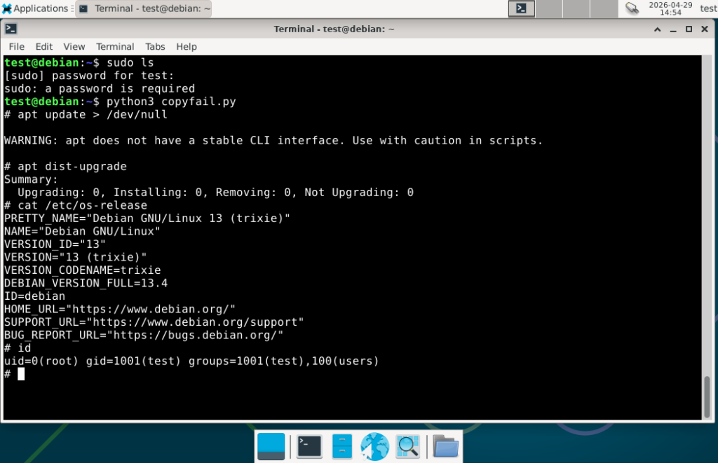 Successful Copy Fail exploitation on Debian 13
