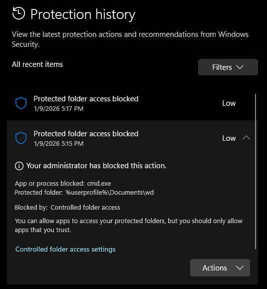 protection history for blocked mkdir