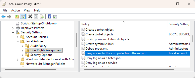 Group policy - Deny access to this computer from the network