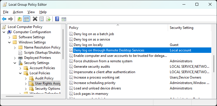 Group policy for Deny log on through Remote Desktop Services