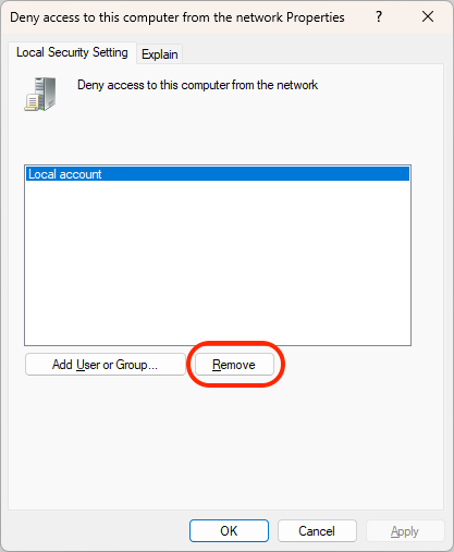 Remove "local account" dialog