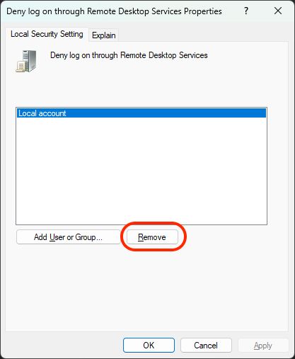 Dialog for removing Local account