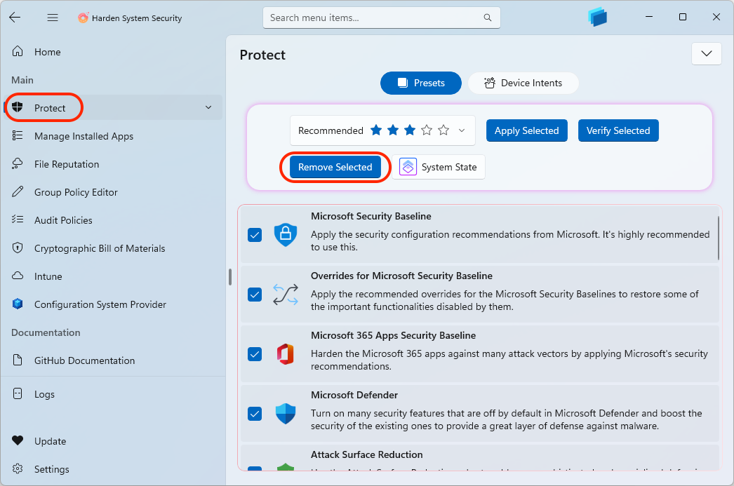 Harden System Security - Remove selected