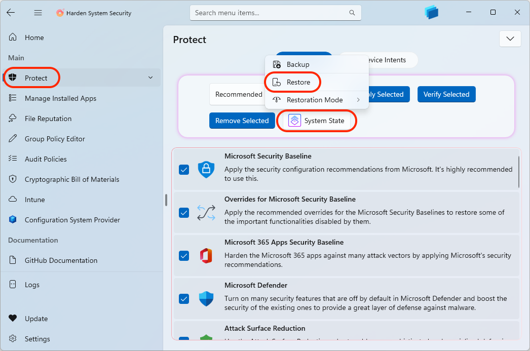 Harden System Security - Restore