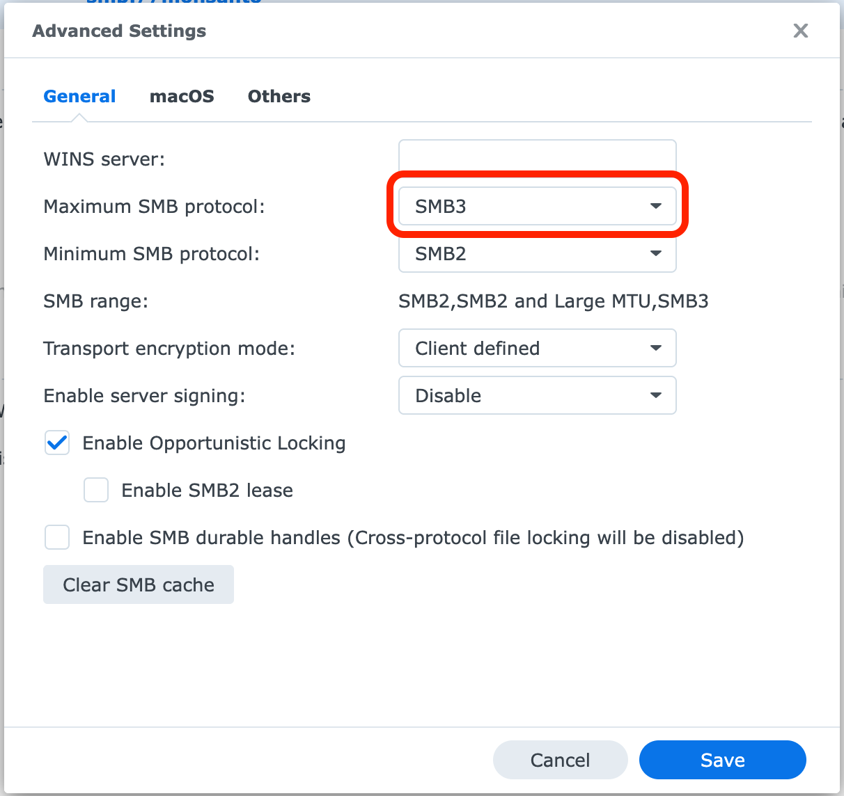 Synology maximum SMB protocol
