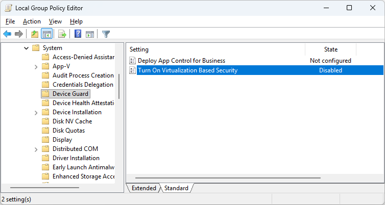 gpo - turn on virtualization based security - disabled