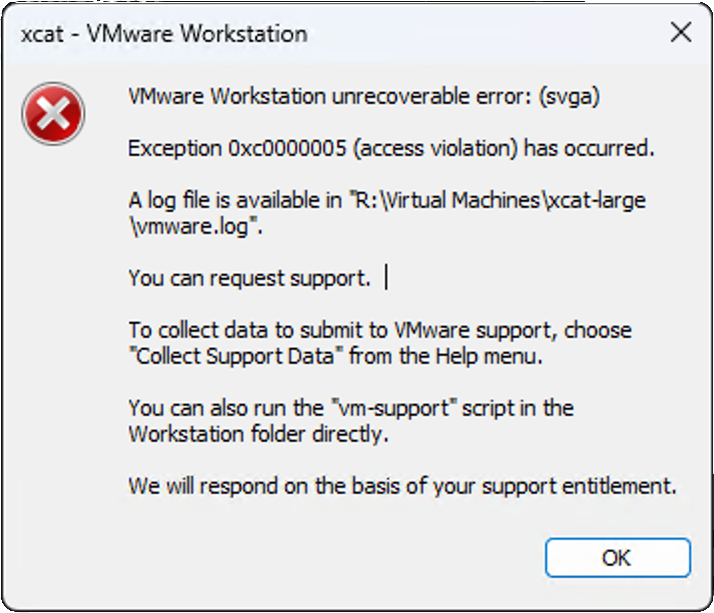 vmware crash dialog