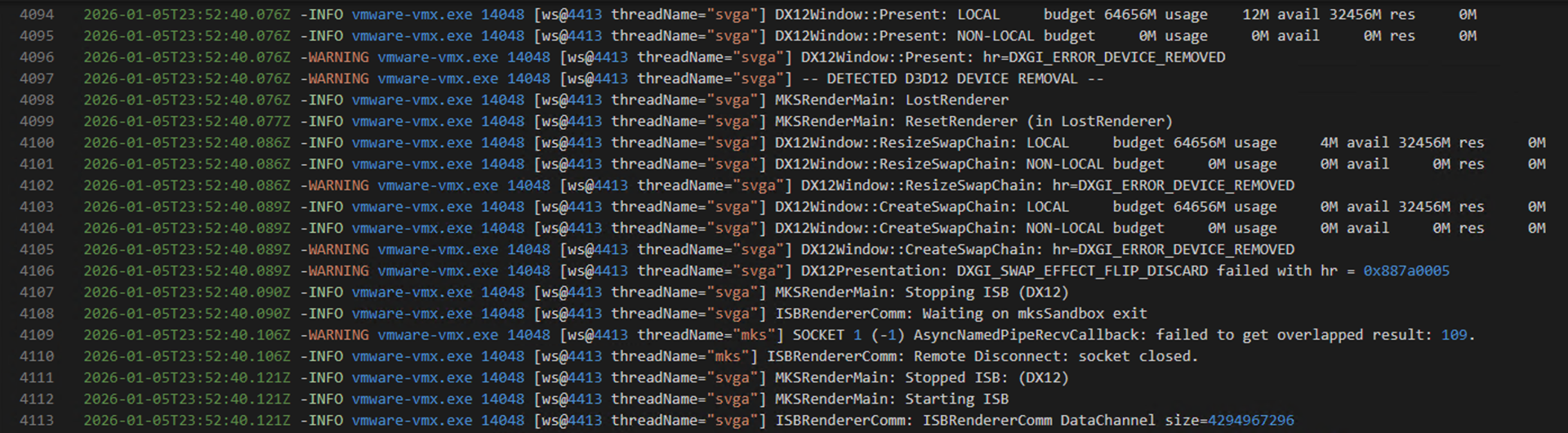 vmware log of crash