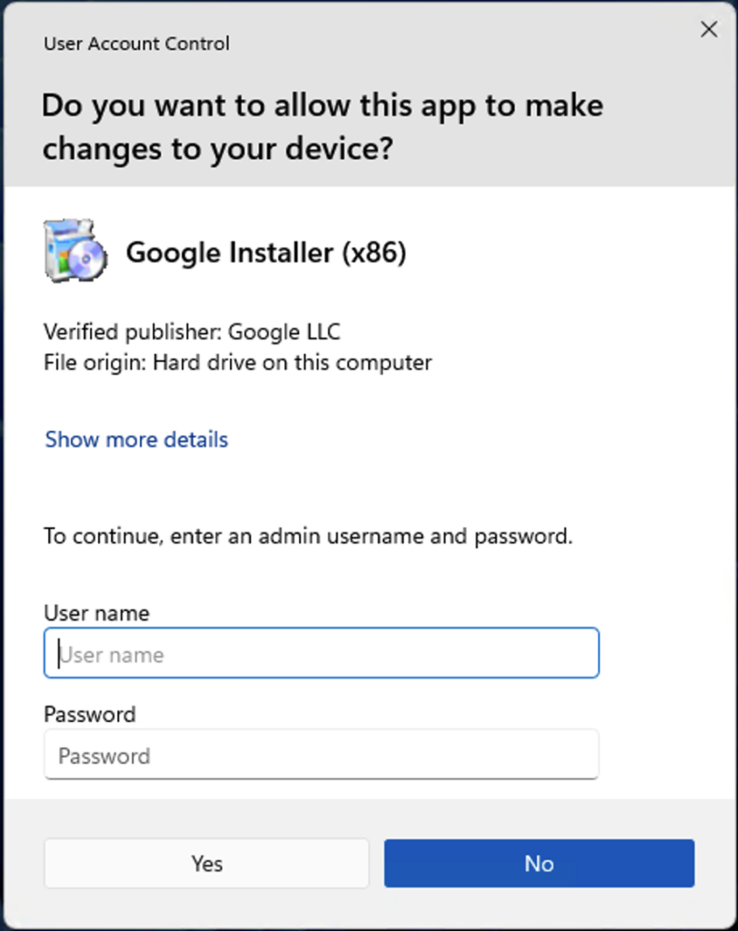 Google installer UAC prompt